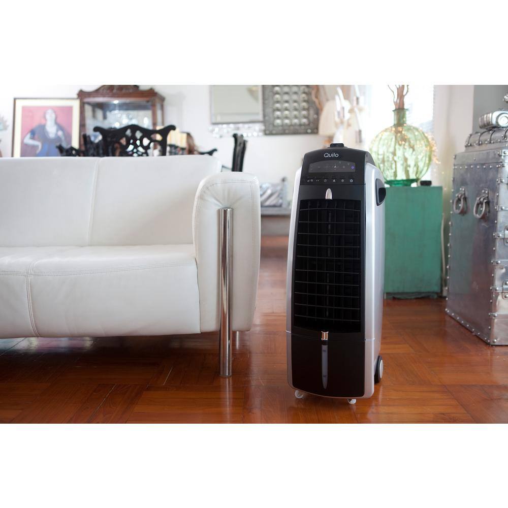 Quilo 211 CFM All-in-1 Indoor Portable Tower Fan w Evaporative Cooling and Dehumidifier in BlackSilver up to 150 Sq.ft QE1SKS