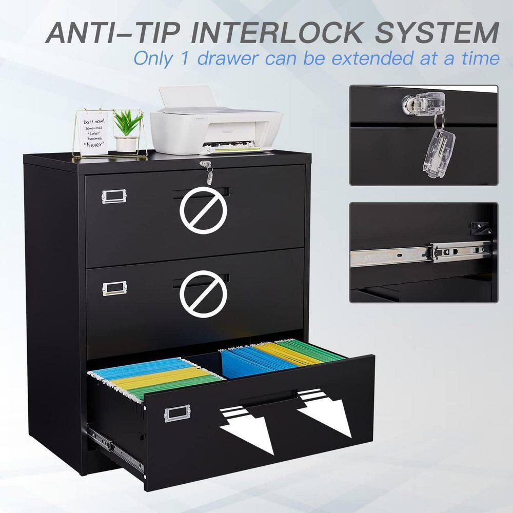 Zeus  Ruta Black File Cabinet 3-Drawer with Lock Locking Metal Lateral Filing Cabinet for Home Office ZeusOffice112BK