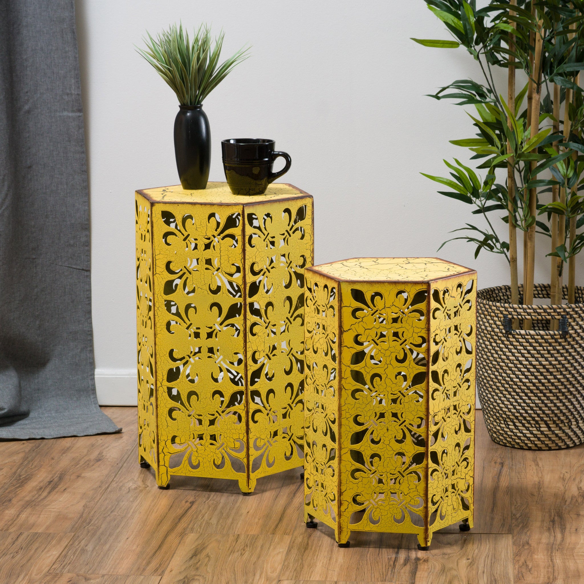 Contemporary Outdoor Hexagonal Antique Yellow Iron Accent Tables (Set of 2)