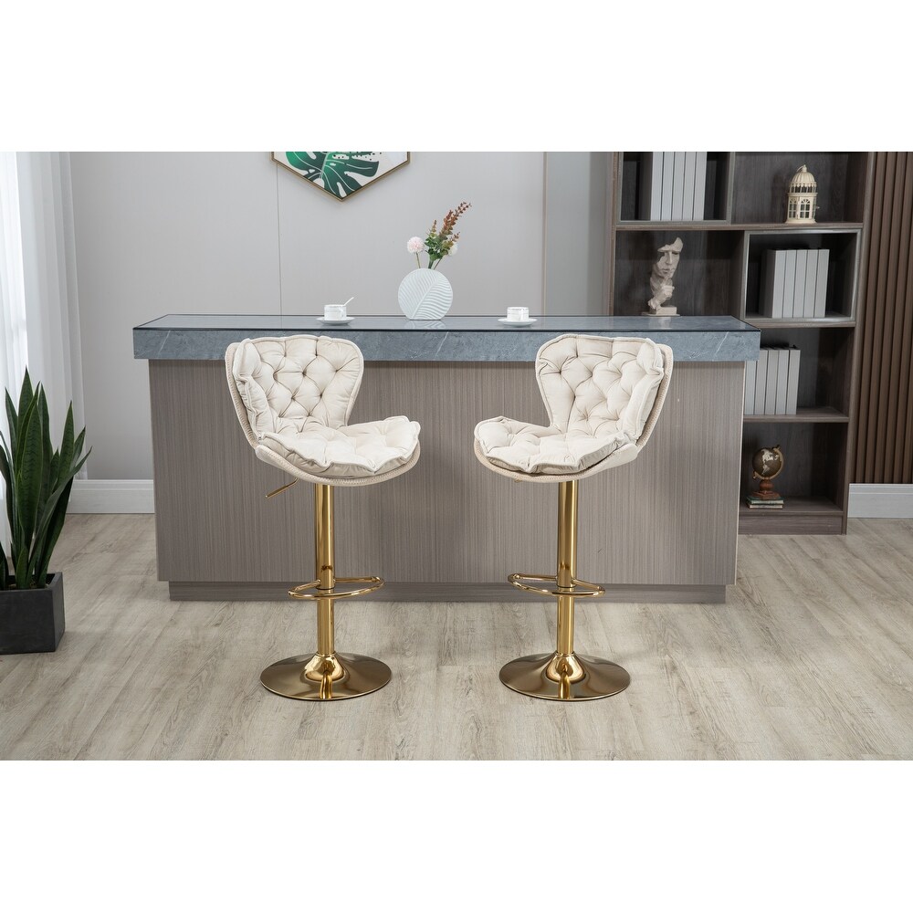 Modern Swivel Bar Stools  Set of 2  Adjustable Counter Height Velvet Upholstered Tufted Bar Stools with Back   Footrest  Ivory