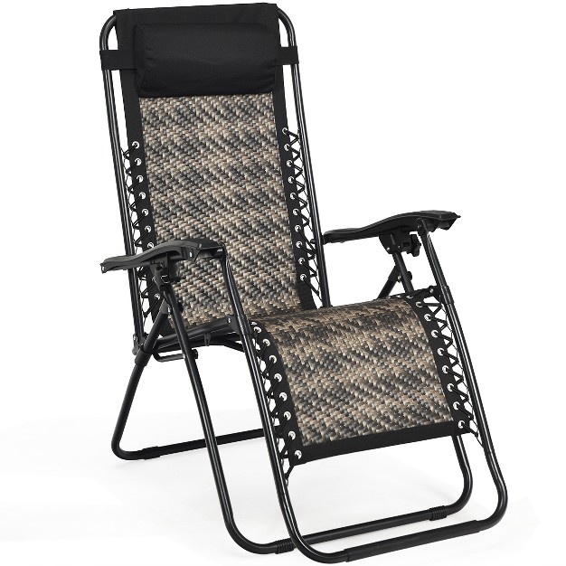 Tangkula Grey Folding Recliner Patio Rattan Zero Gravity Lounge Chair With Headrest