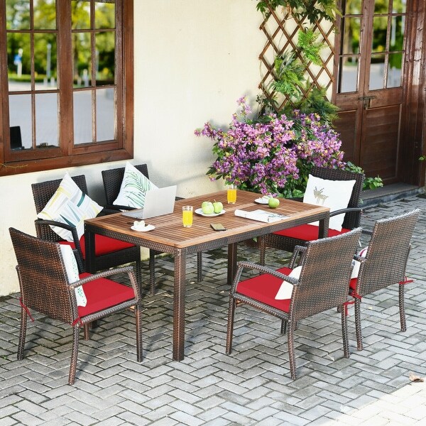 7Pcs Patio Rattan Cushioned Dining Set with Umbrella Hole