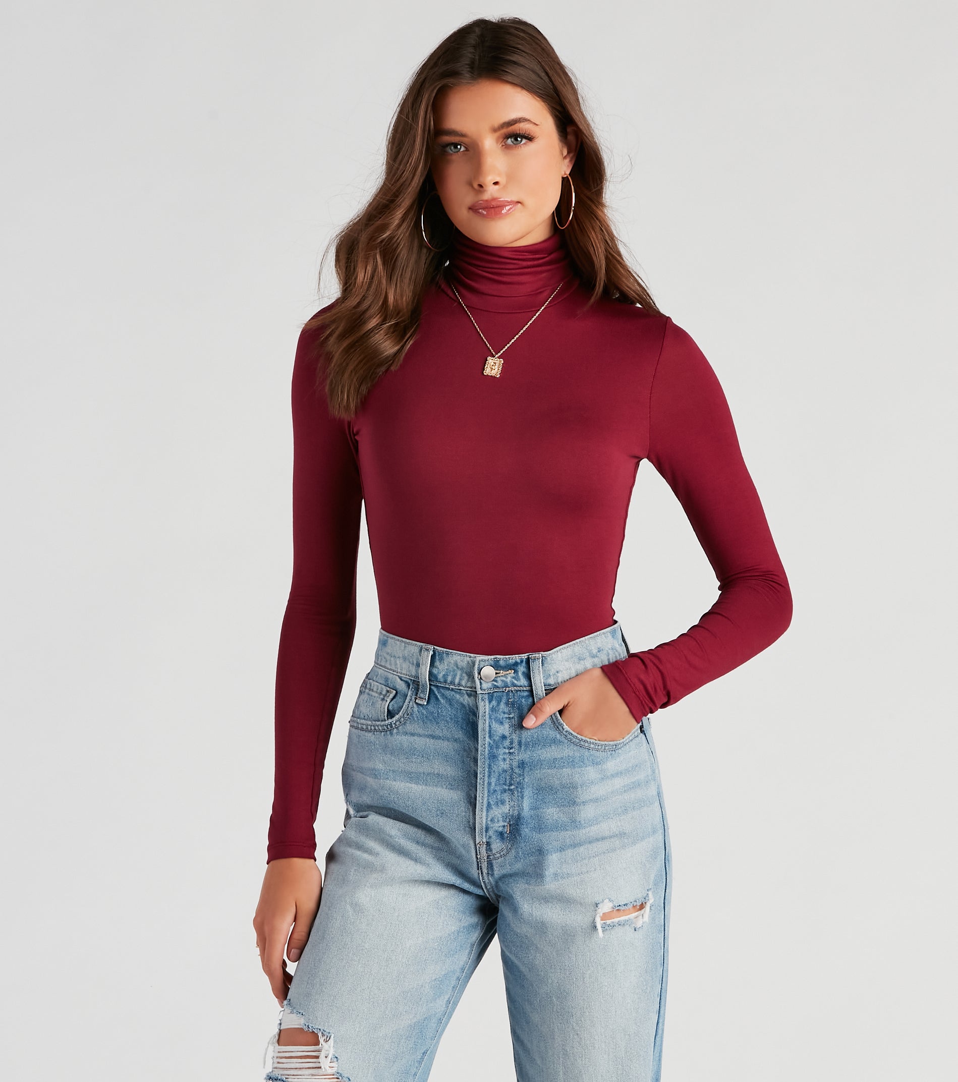 Basic Long Sleeve Crepe Turtleneck Bodysuit