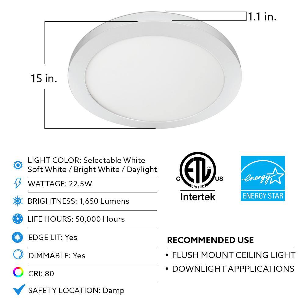 Commercial Electric 15 in. 22.5-Watt White Integrated LED 1650 Lumens Edge-Lit Round Flat Panel Flush Mount Ceiling Light wColor Changing 74212HD