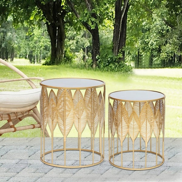 Adeco End Table Set of 2 Gold Accent Coffee Leaves Nightstands Stool - Set of 2