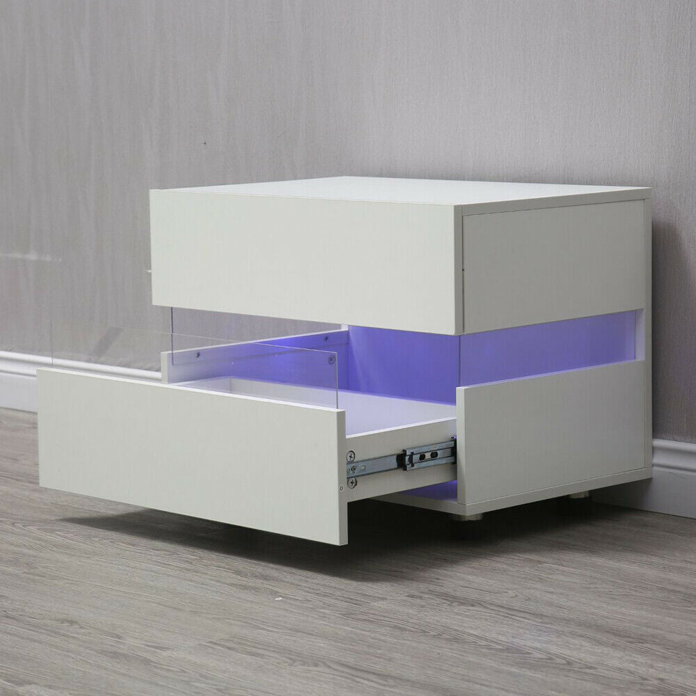 Oukaning White Bedside End Table Nightstand 2 Drawers w/ Multi-Colour LED Backlight