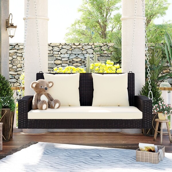 2Person Wicker Porch Swing，Modern Rocking Porch Swing with Chains Cushion Pillow Bench for Garden Backyard