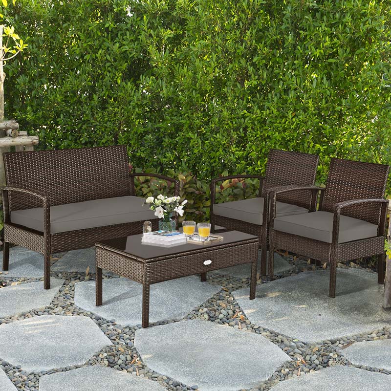 4 Pcs Wicker Patio Conversation Furniture Set Outdoor Rattan Sofa Set with Coffee Table & Washable Cushions