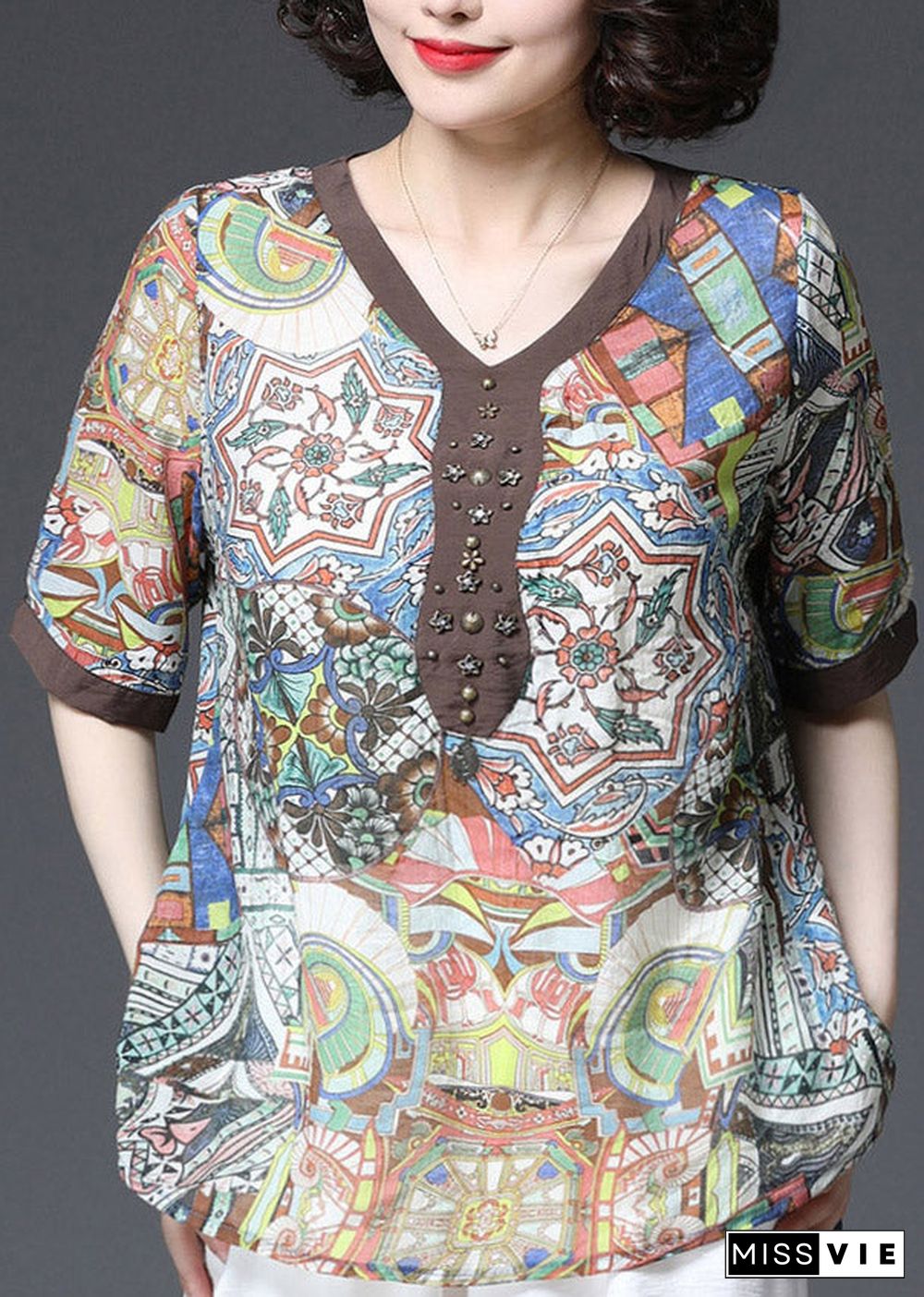 Chocolate Patchwork Loose Cotton Shirt Top Sequined Short Sleeve