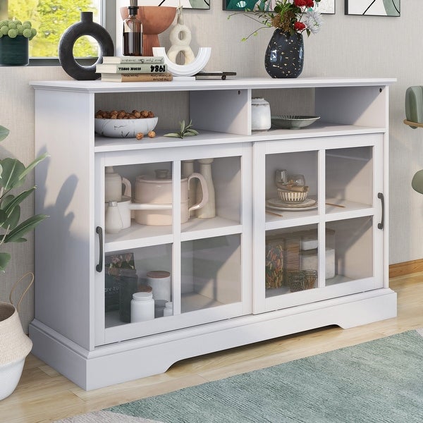 White Modern Kitchen Sideboard Buffet with 2 Glass Sliding Doors and Adjustable Shelves Storage Cabinet - N/A