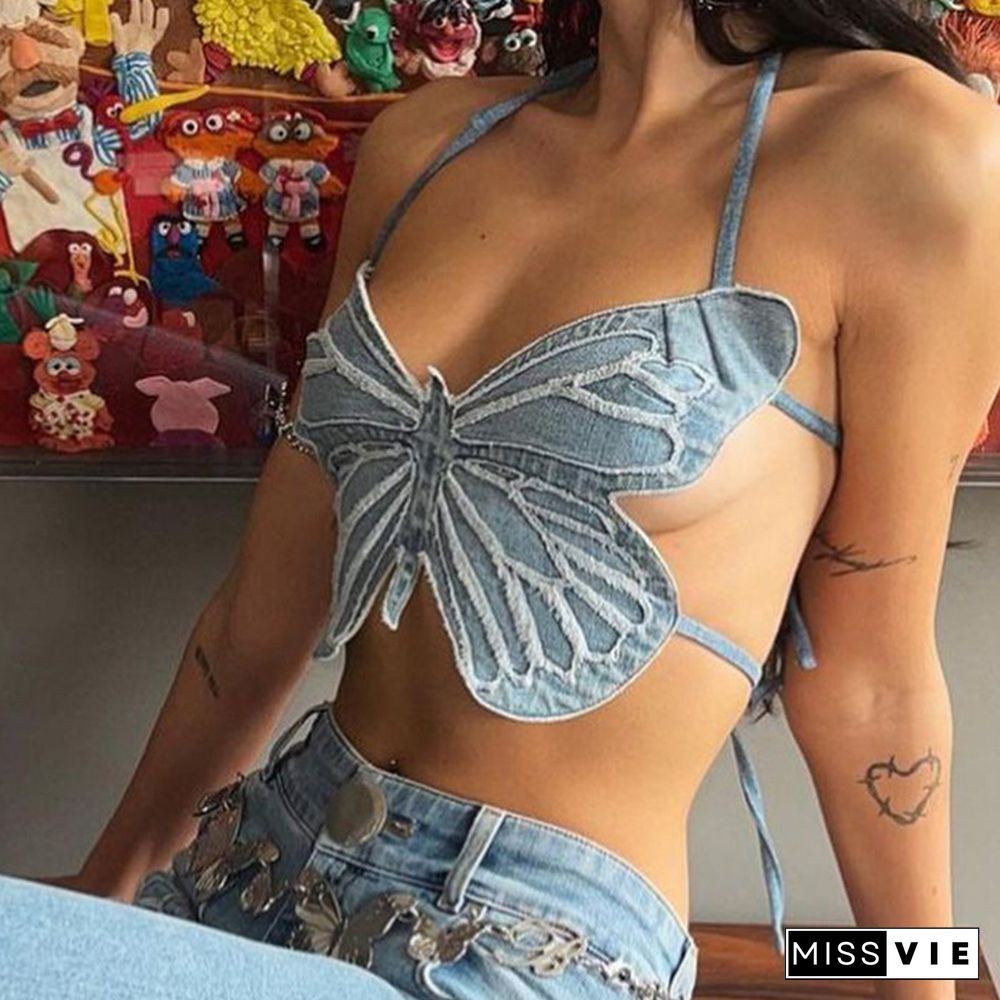 Y2K Solid Color Butterfly Demin Crop Top Backless Strap Camis Sexy Street Wear Women Mini Lacing Vest Tops