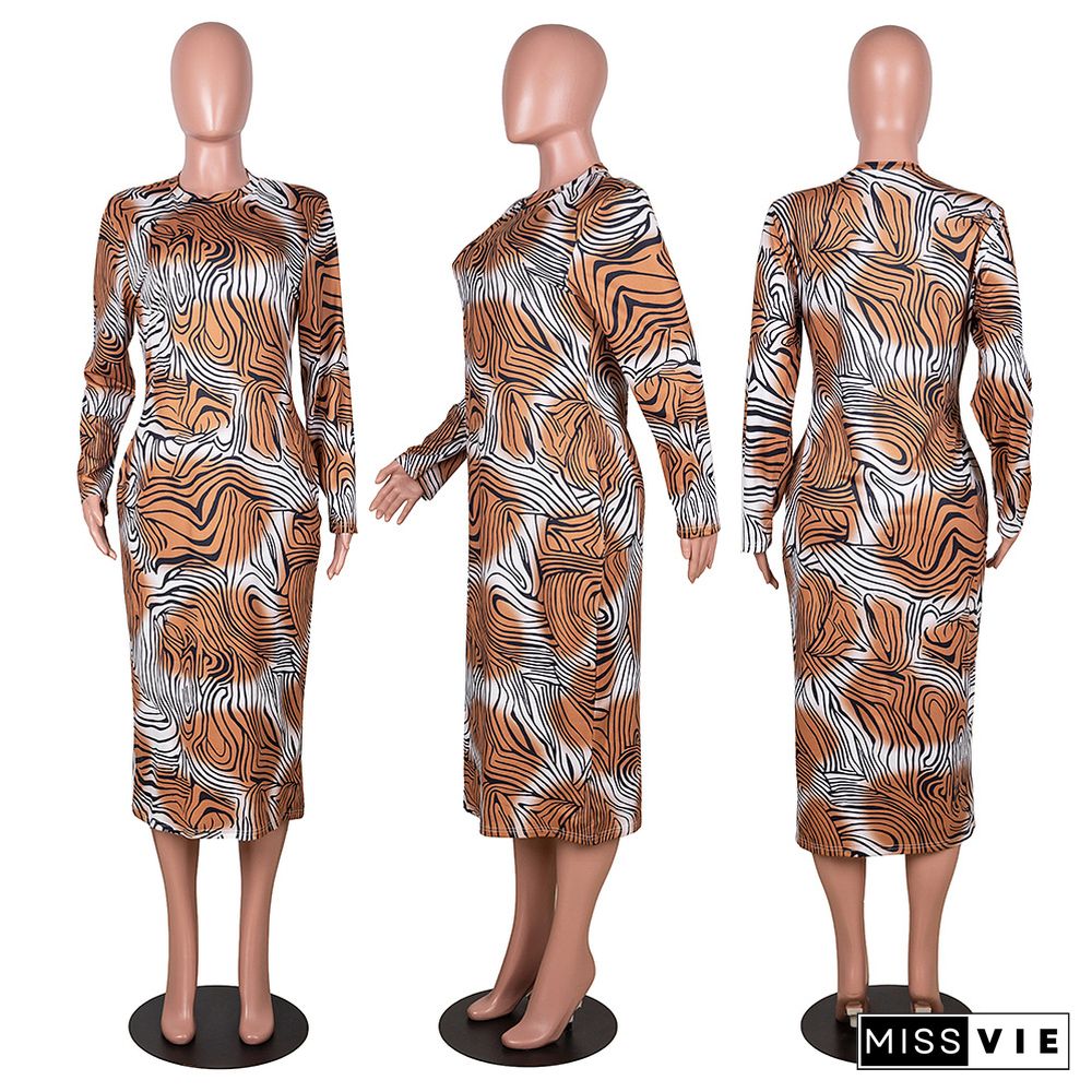 Plus-size Full Printed Long Sleeves Round Neck Loose Dress