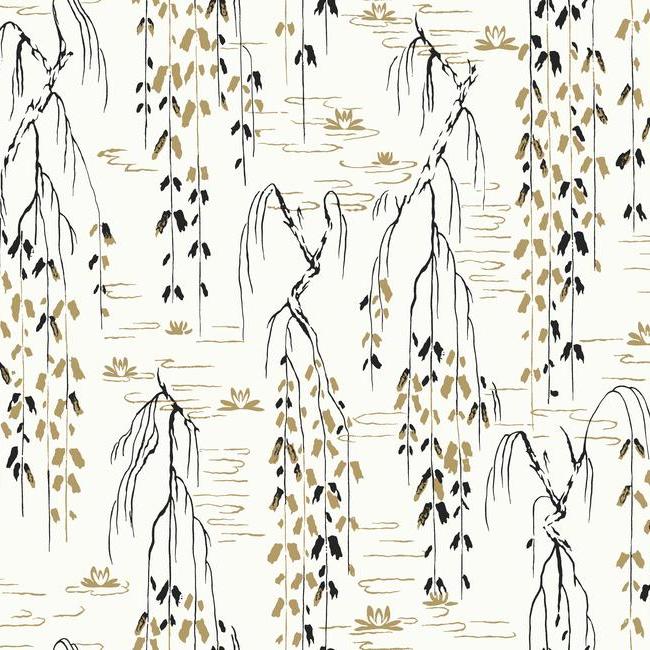 Sample Willow Branches Wallpaper in Ivory, Black, and Gold from the Tea Garden Collection