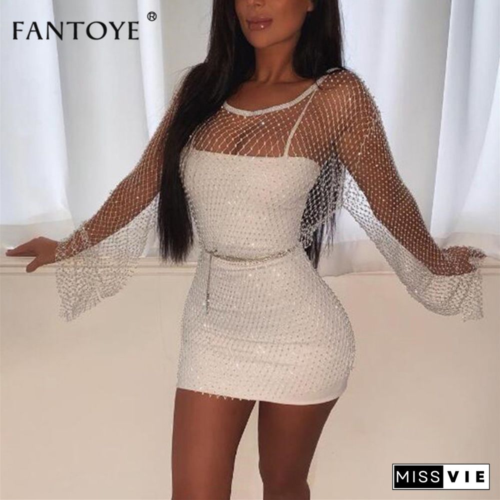 Fantoye New Crystal Diamond Sexy Bodycon Dress Women Hollow Out Mini Dress Summer Fishnet Mesh Beach Dress Party Vestidos