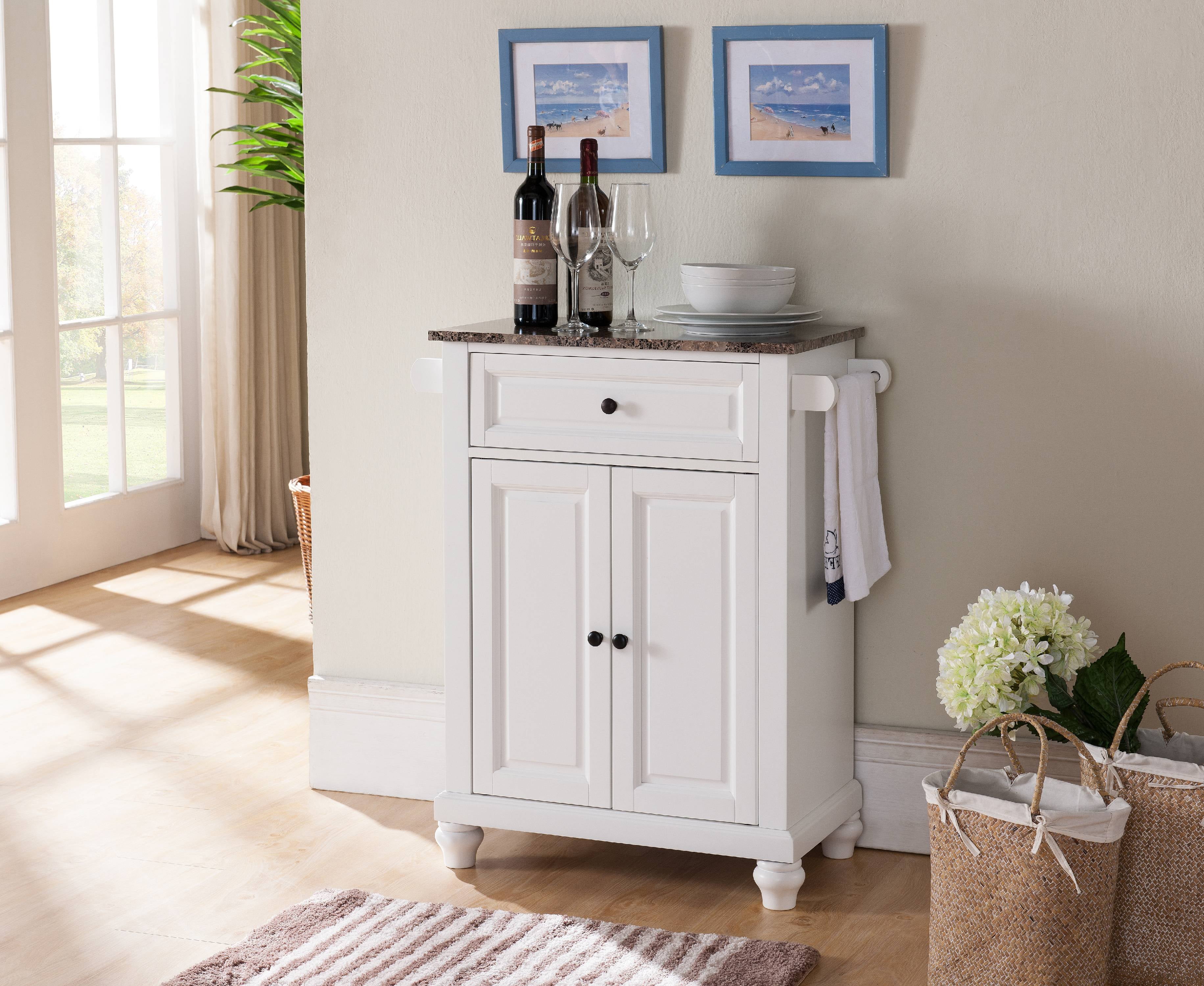 Ian Kitchen Island Storage Cabinet， White and Marble Wood， Adjustable Shelf and Towel Bars， Contemporary