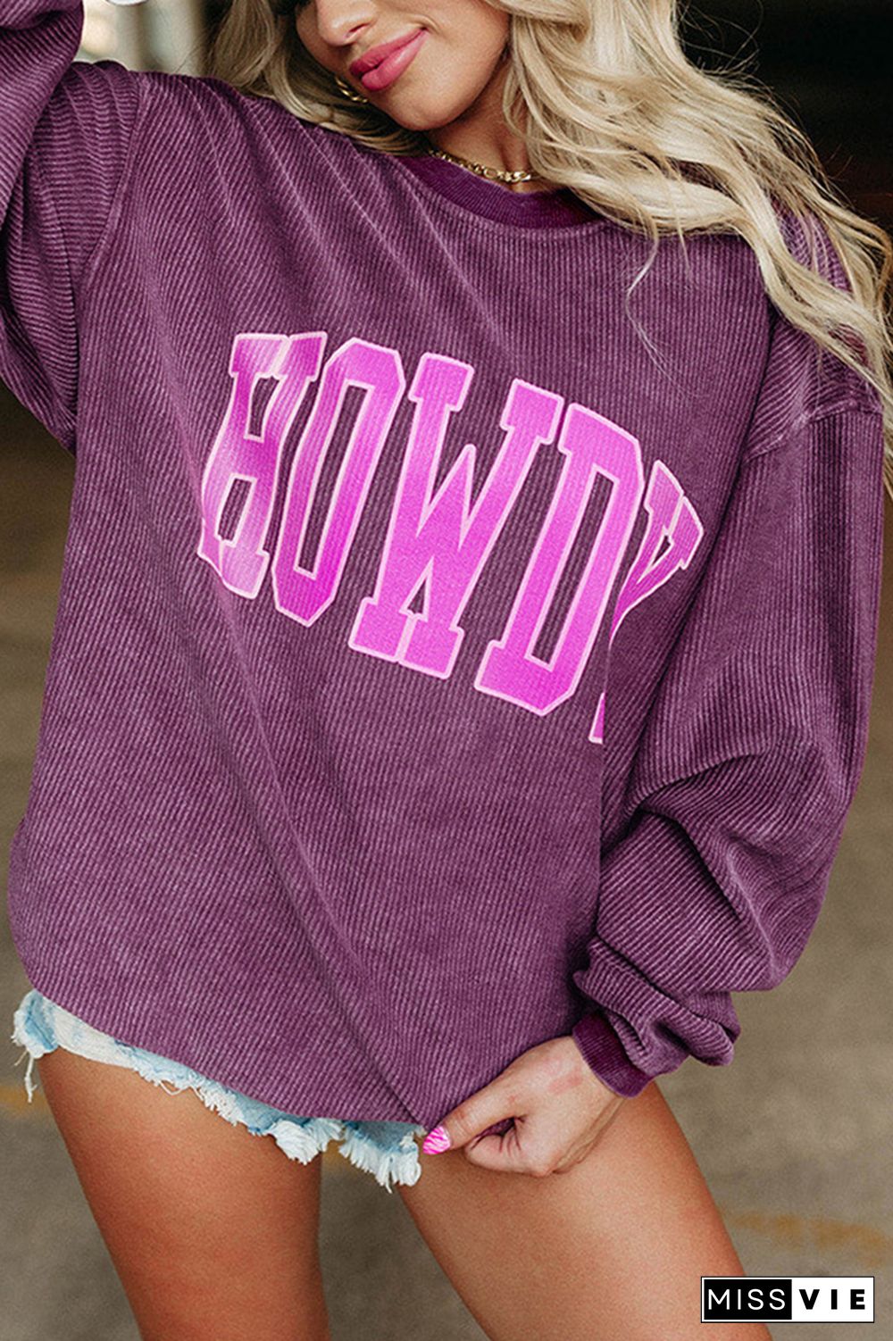 Purple Howdy Print Rib Sweatshirt