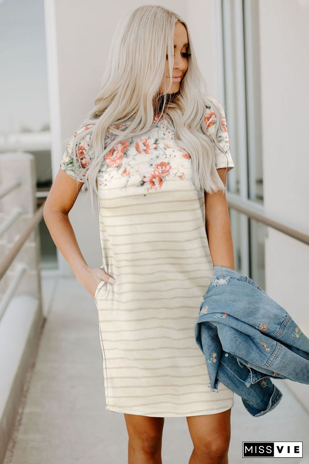 Apricot Floral Striped Print Cotton Blend T-shirt Mini Dress with Pockets