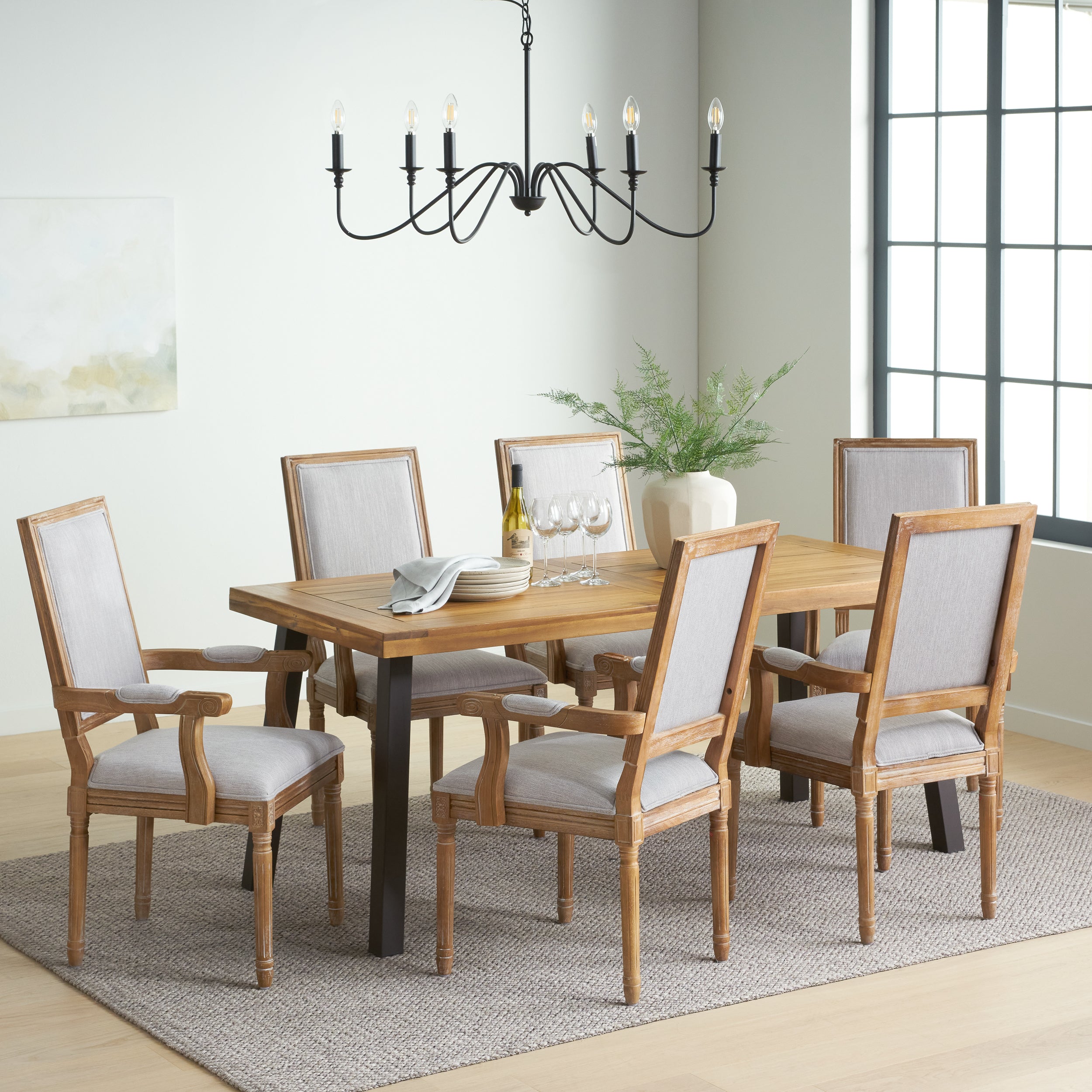 Coniston Farmhouse Fabric Upholstered Wood and Iron 7 Piece Dining Set