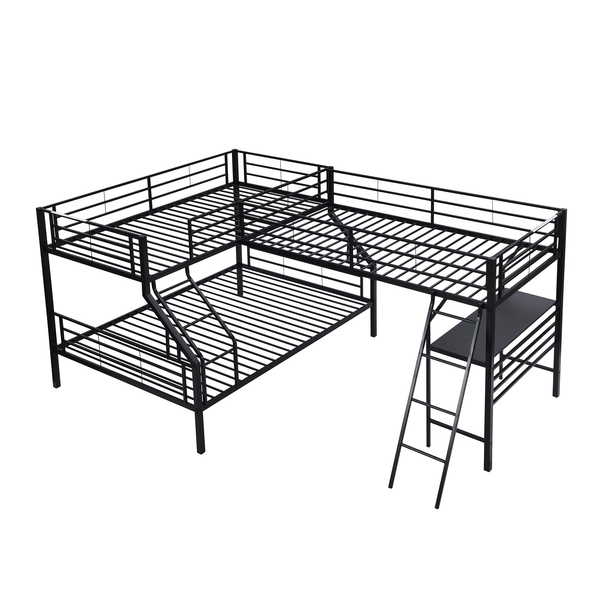 Euroco Twin L-Shaped Metal Bunk Bed with Built-in Study Desk for Kids' Bedroom, Black