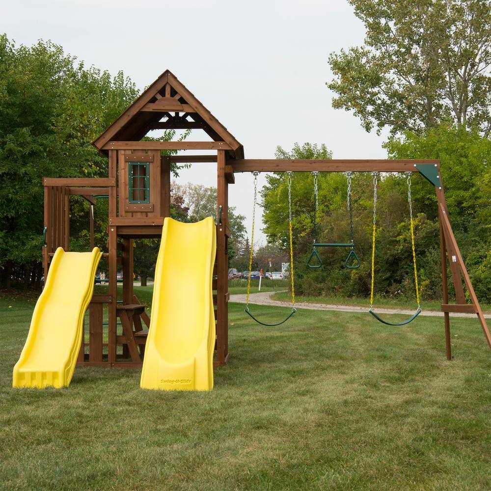 Swing-N-Slide Playsets Timberview Ready-To-Assemble Wooden Outdoor Playset with 2 Slides Monkey Bars Swings and Swing Set Accessories WS 8356