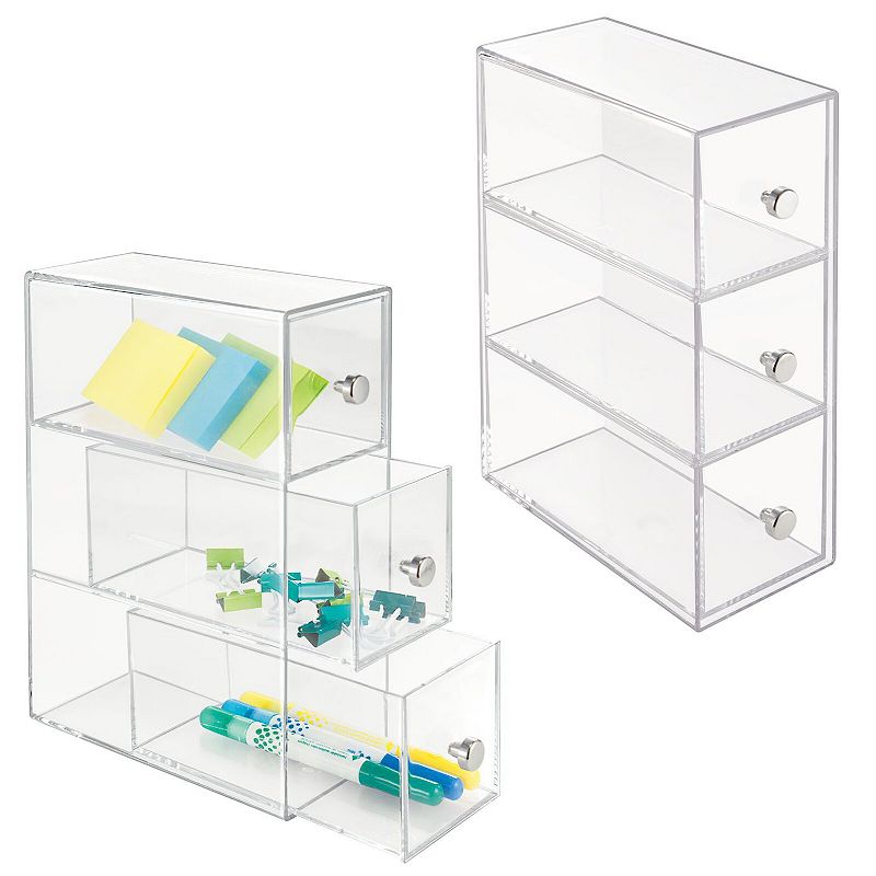 mDesign Plastic Stackable Desktop Storage for Office， 3 Drawers， 2 Pack