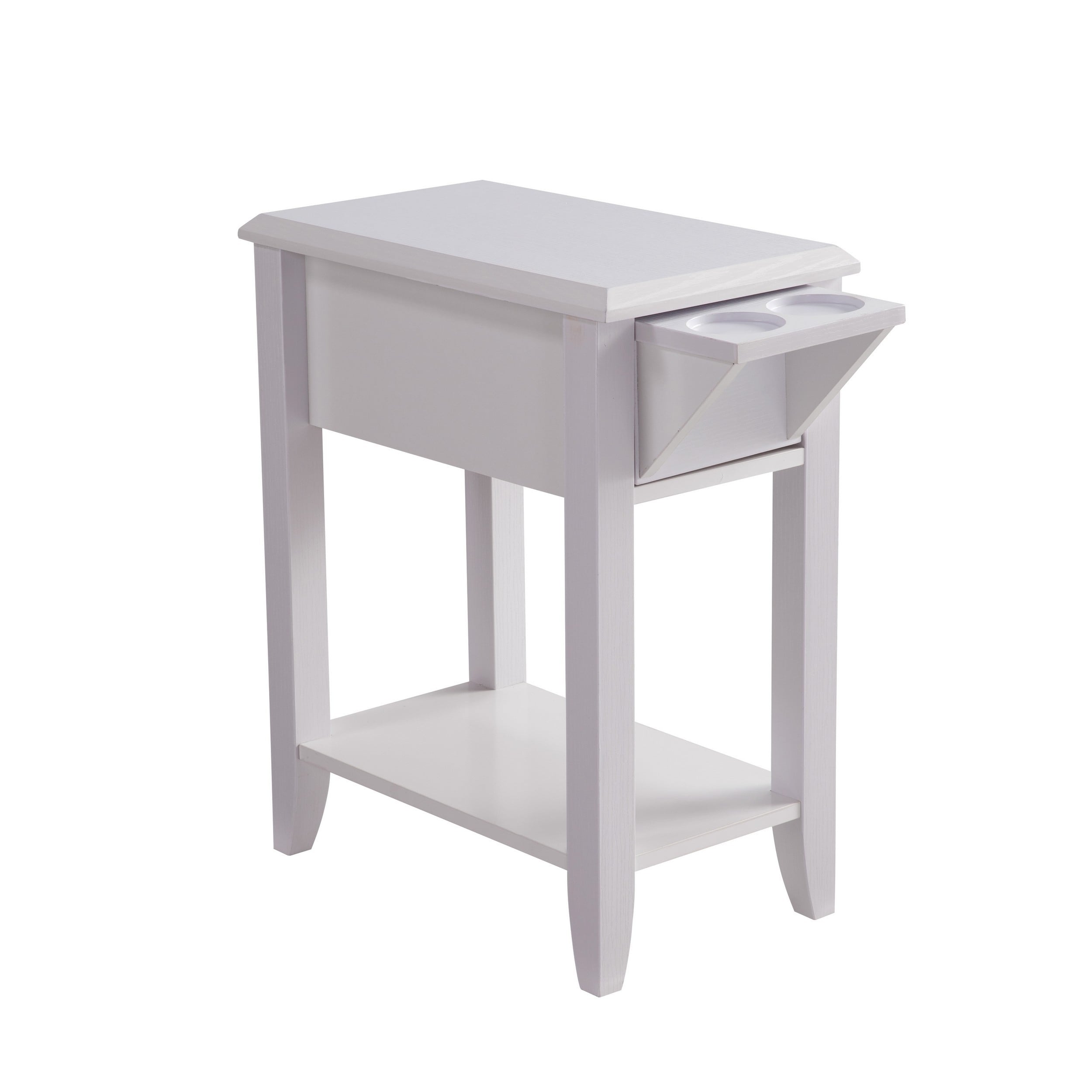 24 Inch Modern Chairside Table with Extendable Drawer and Cupholders， White