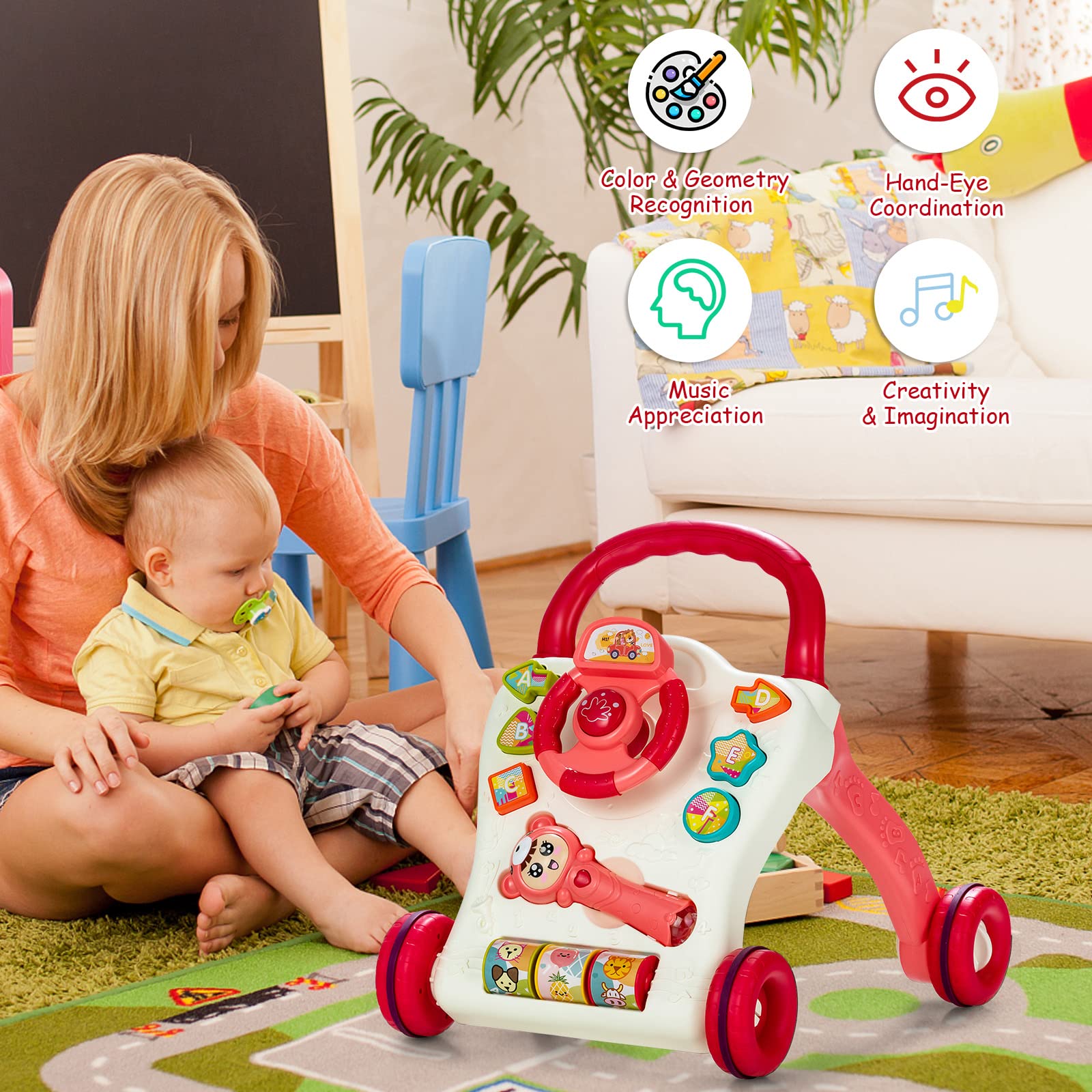 Sit to Stand Learning Walker, Baby Push Walker with Projector & Play Panel