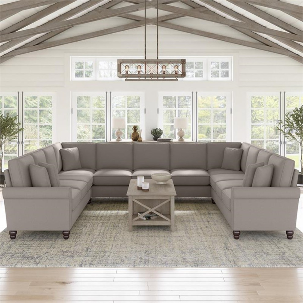 Hudson 137W U Shaped Sectional Couch in Beige Herringbone Fabric   Sectional Sofas   by Homesquare  Houzz