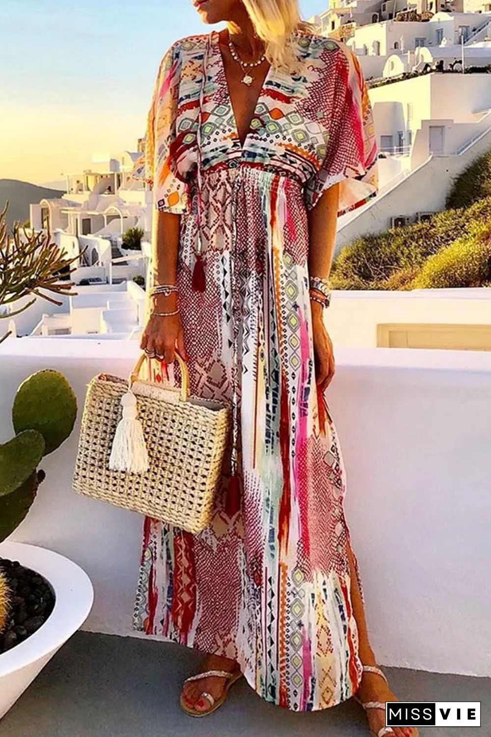 Multicolor Boho Vacation Mixed Print Deep V Maxi Dress