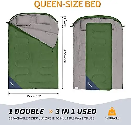 Double Sleeping Bag for Adults 2 Person Sleeping Bag with 2 Pillows for Backpacking Camping Hiking