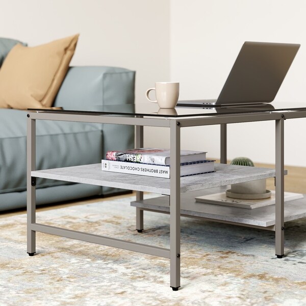 Farmhouse Glass Coffee Table with Storage， Metal Wood - 39.3 x 23.6 x 17.7