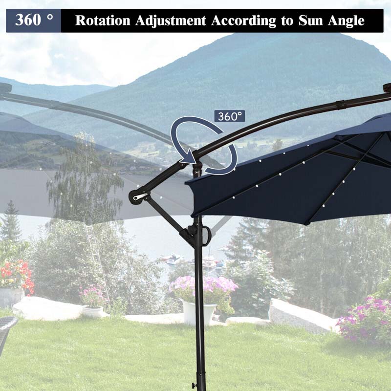 10 FT Patio Offset Umbrella with Solar Lights 360° Rotation Outdoor Market Umbrella with Crank Handle & Cross Base