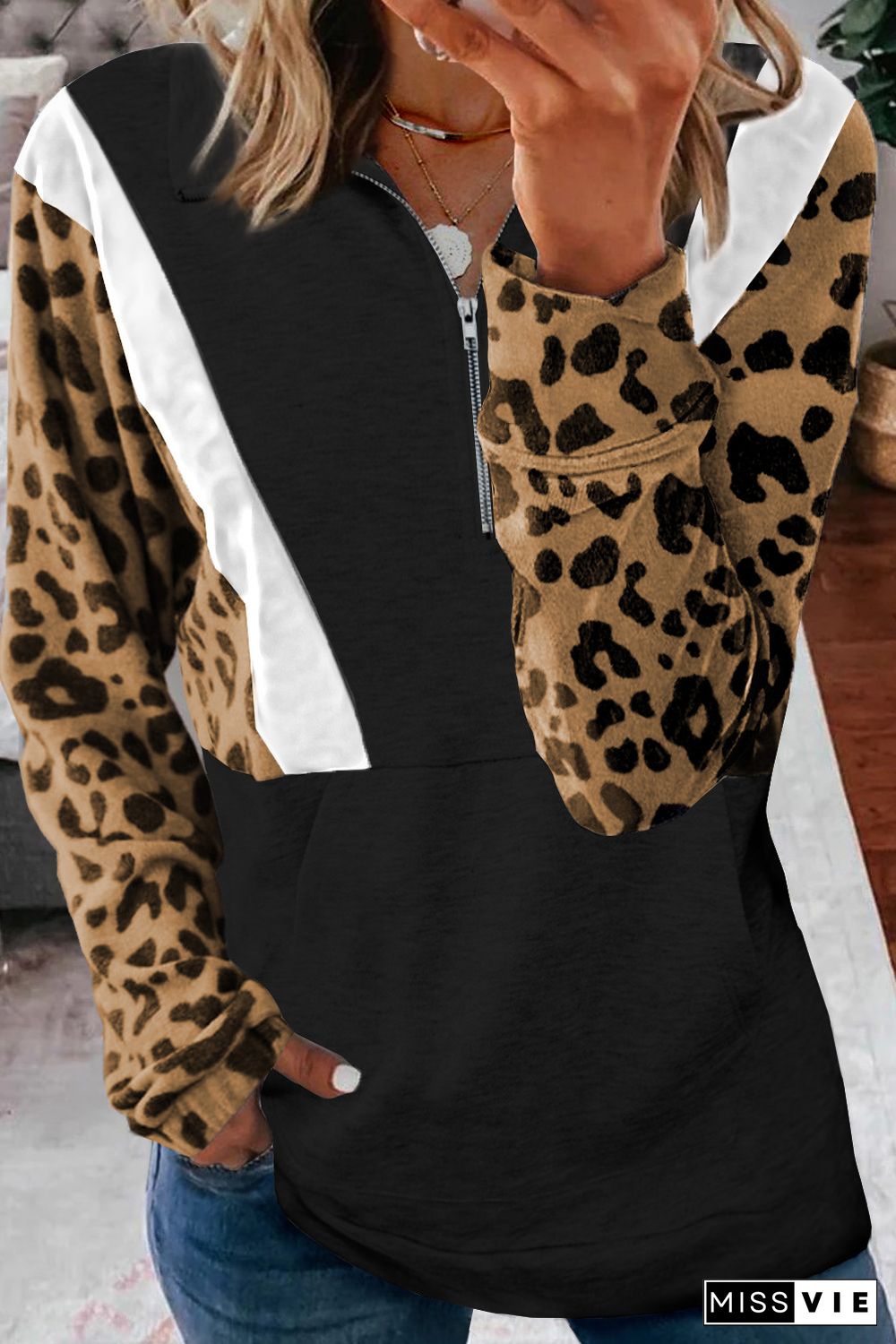 Black Pocketed Half Zip Leopard Pullover Sweatshirt