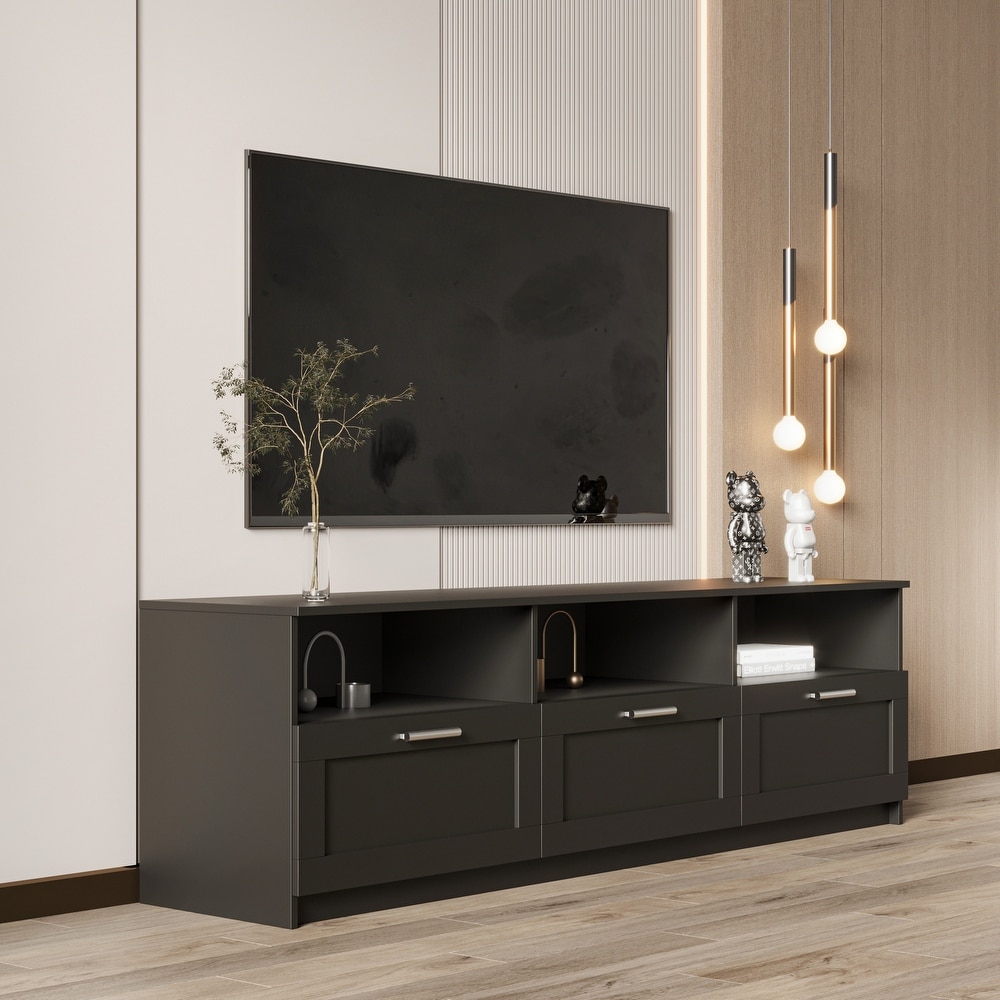 Modern TV Cabinet Stand for 80 inch TVs  Double Level Storage with 3 Open Spaces  3 Drawers