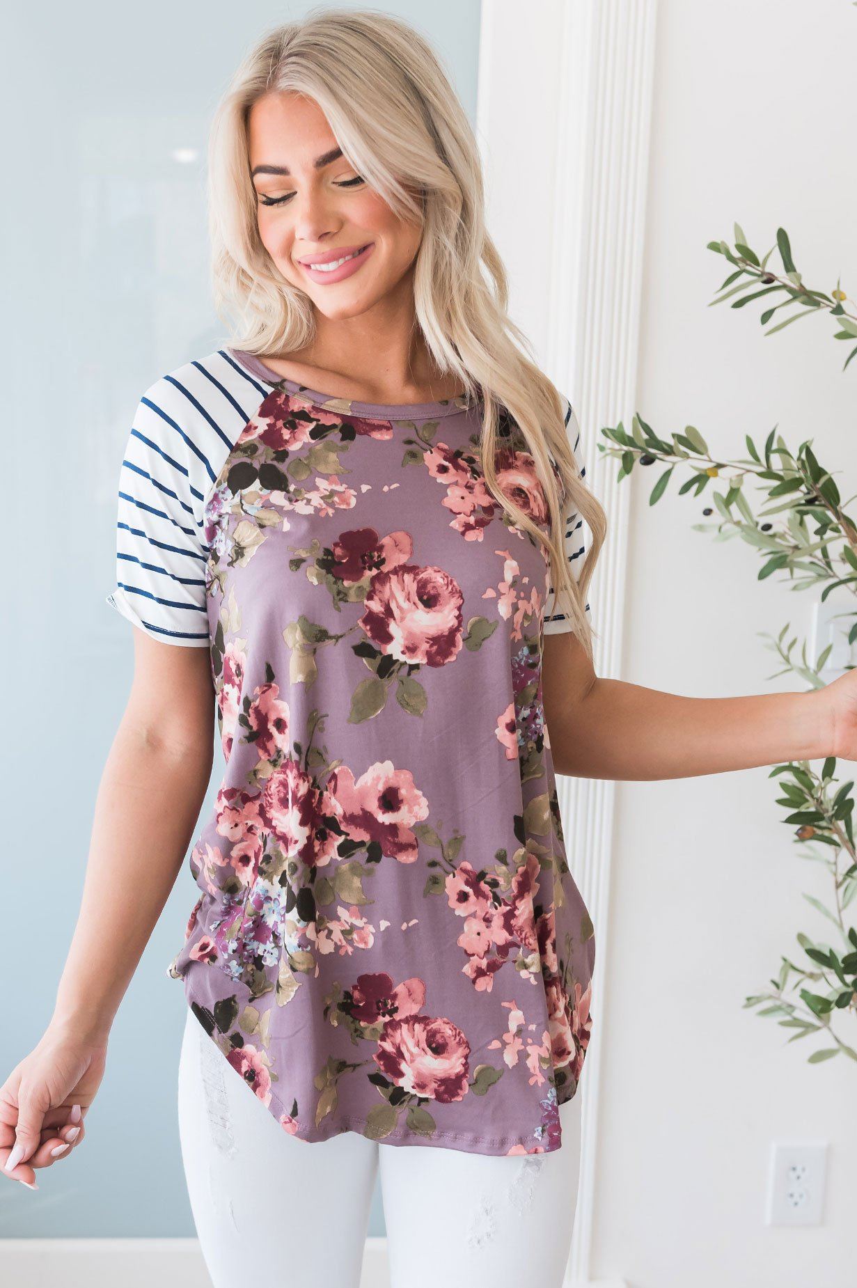 Floral & Stripes Baseball Sleeve Top