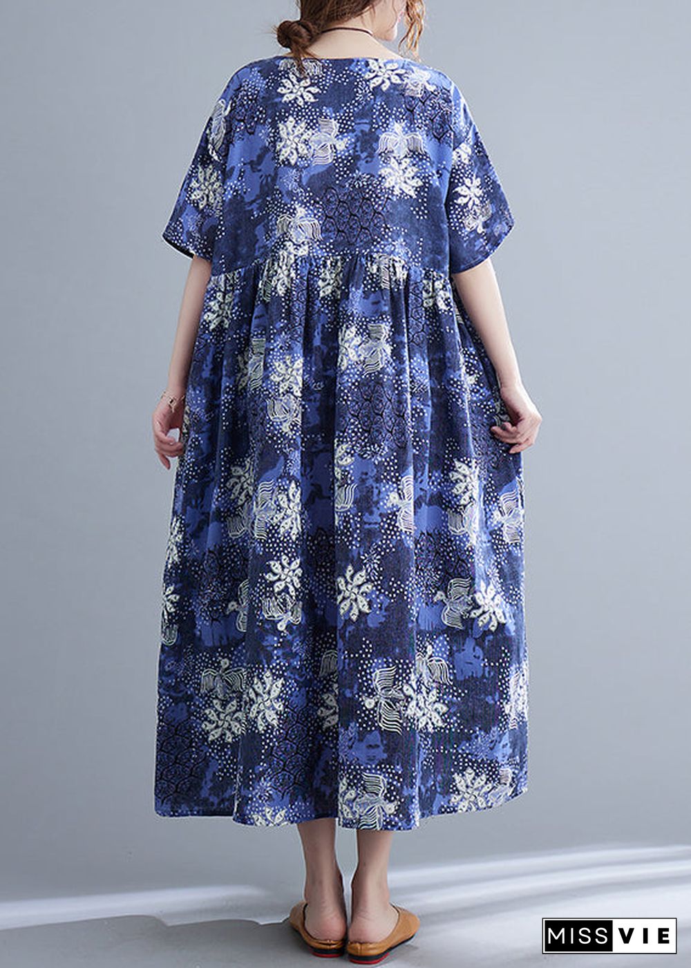 Italian Blue O-Neck Cinched Print Maxi Dresses Short Sleeve