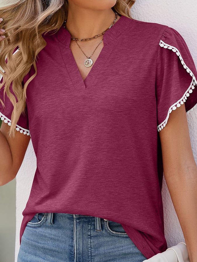 Solid V-neck Lace Short Sleeve Casual Top