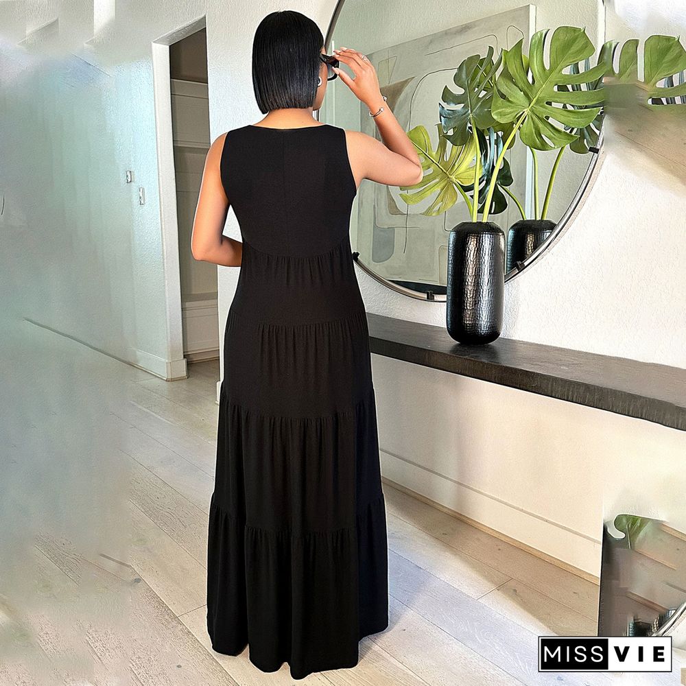 Sleeveless O Neck Solid Color Pleated Maxi Dresses