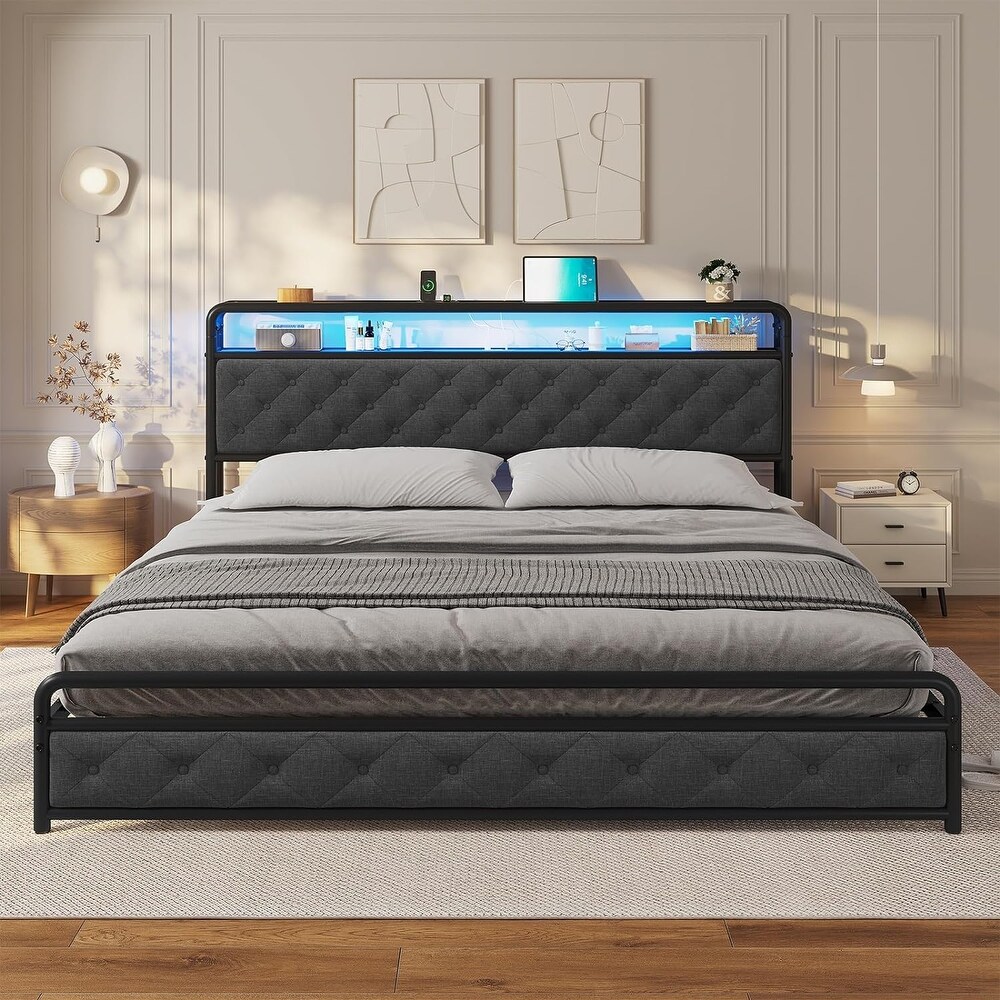 King Size Bed Frame with Built in LED Light Headboard