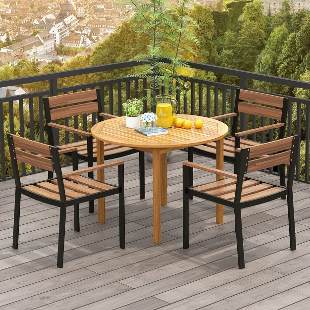 Costway Patio Dining Table Acacia Wood Round Outdoor Bistro Table 4 person For Deck Lawn