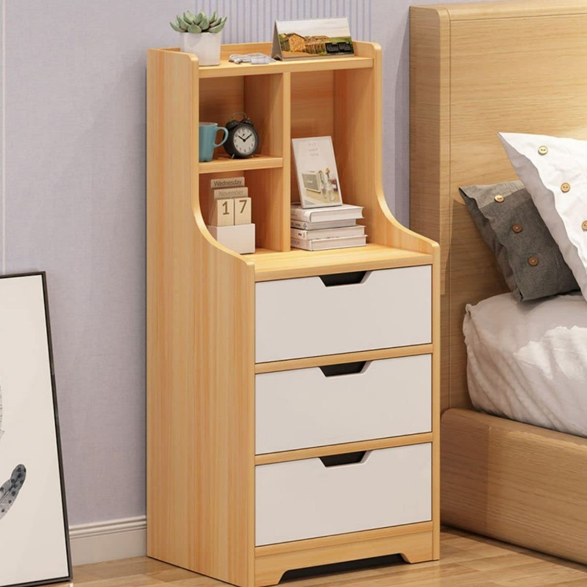 MIDUO Bedroom Wood Nightstand 3 Drawers Bedside Table with Open Storage Cabinet