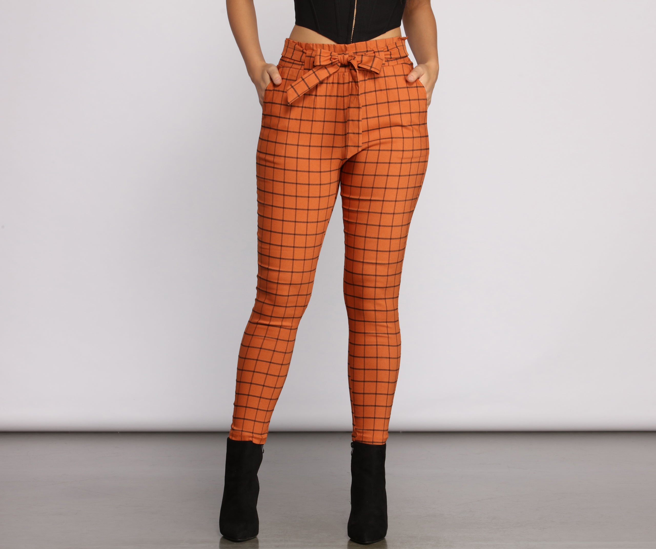 High Waist Paperbag Window Pane Pants