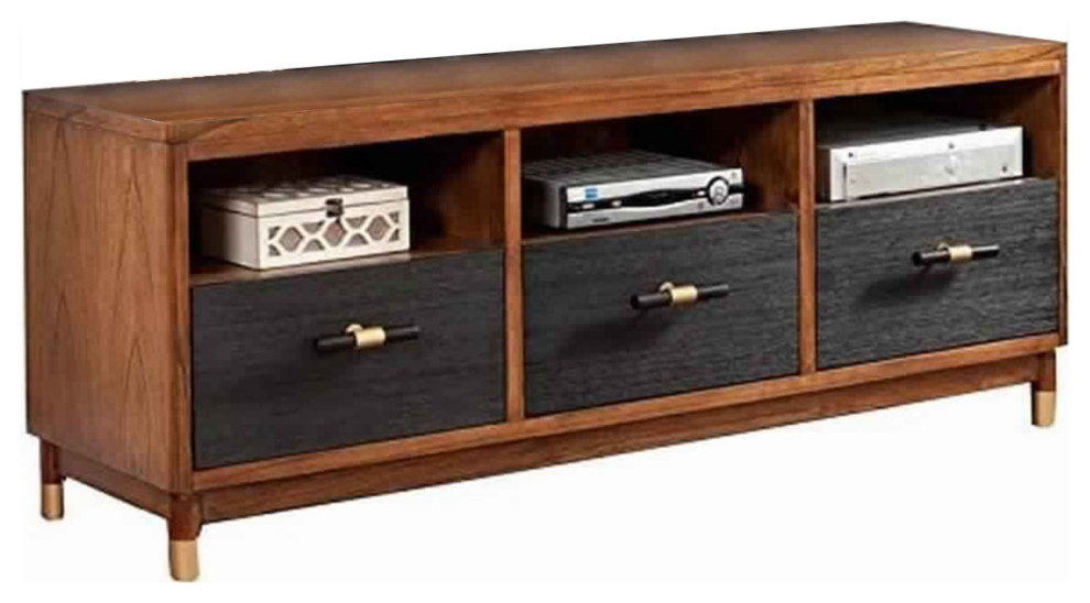 Two Tone 3 Drawer Wood Tv Console With 3 Open Compartments  Black And Brown   Transitional   Entertainment Centers And Tv Stands   by VirVentures  Houzz