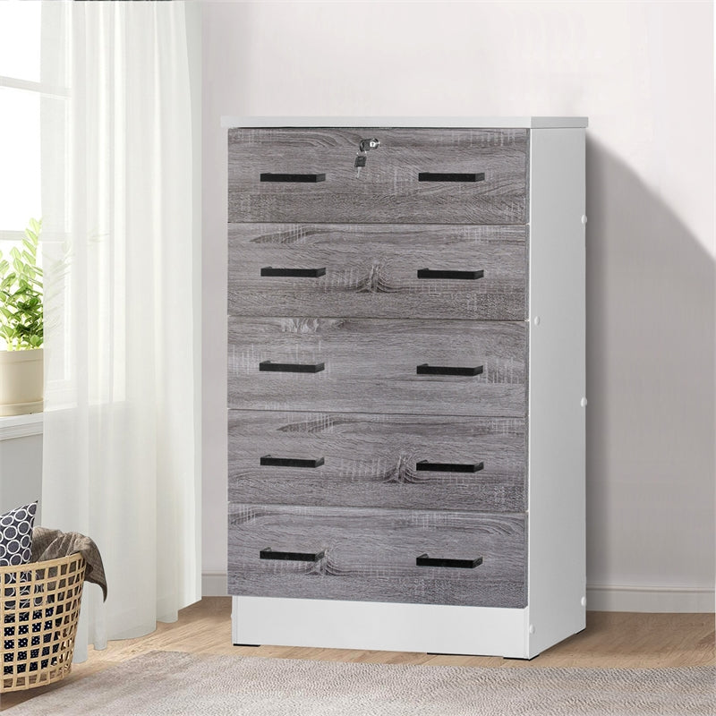 Better Home WC5-Wht-Gry Cindy 5 Drawer Chest Wooden Dresser with Lock, White & Gray