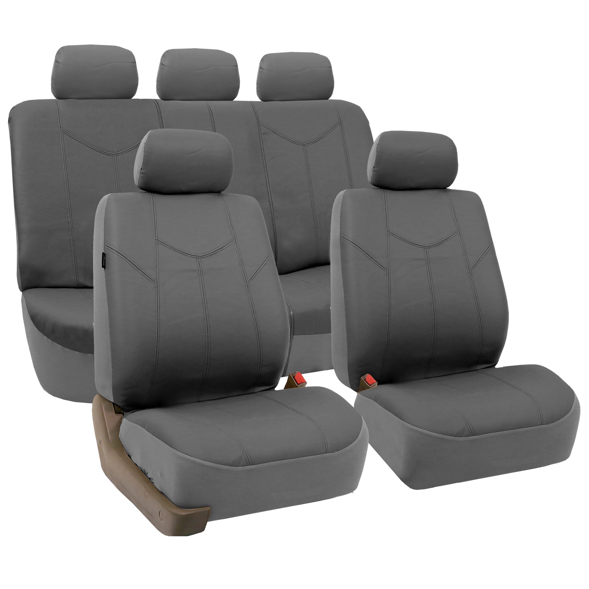 FH Group PU Leather Airbag Compatible Split Bench Seat Covers for Auto， Full set with Carpet Floor Mats， Gray