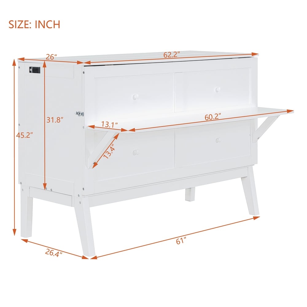 Dual Purpose Queen Murphy Bed Cabinet Bed with USB Port and 2 Removable Shelves  Space Optimizing Solid Wood Murphy Bed  White