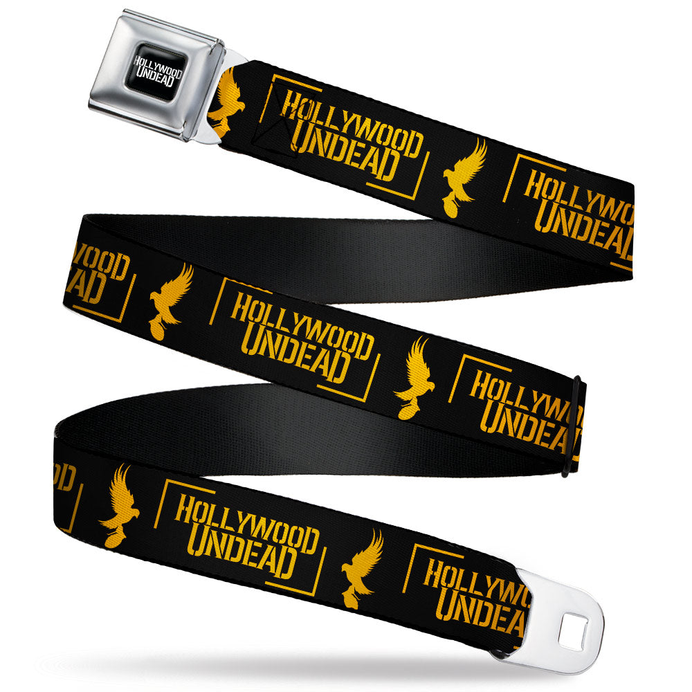 Hollywood Undead Belt， Seatbelt Buckle Belt， Hollywood Undead Text Logo Dove Grenade Icon Black Gold， 24 to 38 Inches