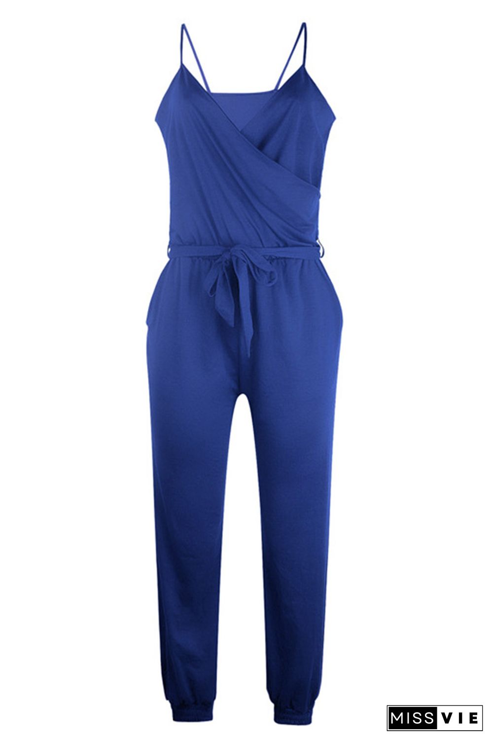 Blue Solid Color Slip Jumpsuit With Belt