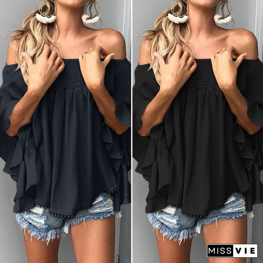 Women 3/4 Sleeve Off Shoulder Beach Plus Size Blouse Elegant Office Ladies Shirts Tops