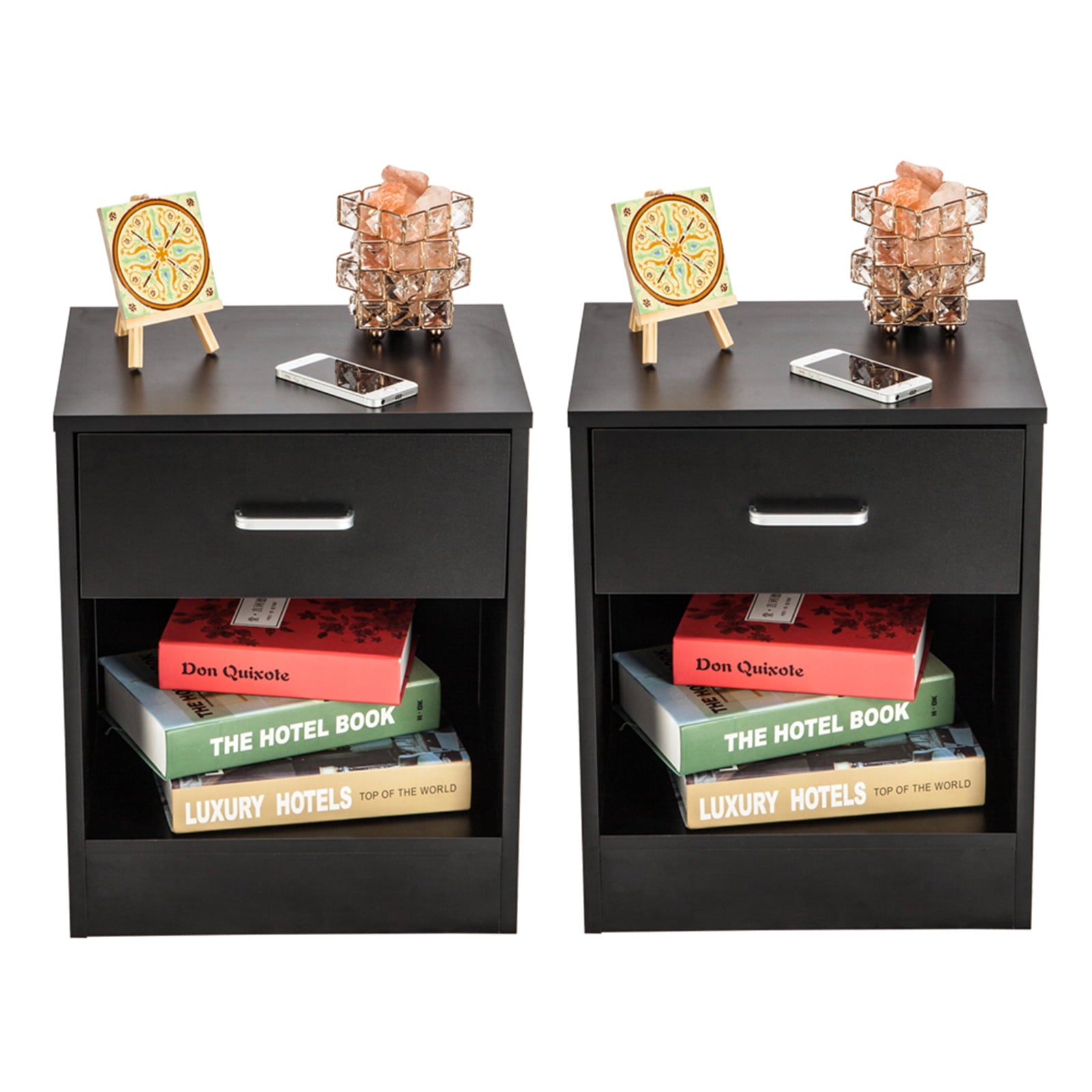 Nightstands Set of 2, End Table Side Table Black Nightstand with 1-Drawer and Open Shelf, Night Stands for Bedrooms